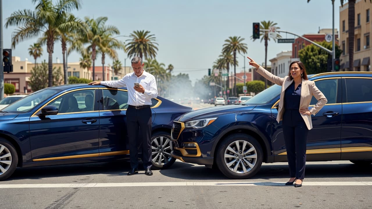 Two cars are positioned after a minor street collision in Los Angeles. One driver checks a phone while the other gestures toward street signage, highlighting a complex shared liability scenario.