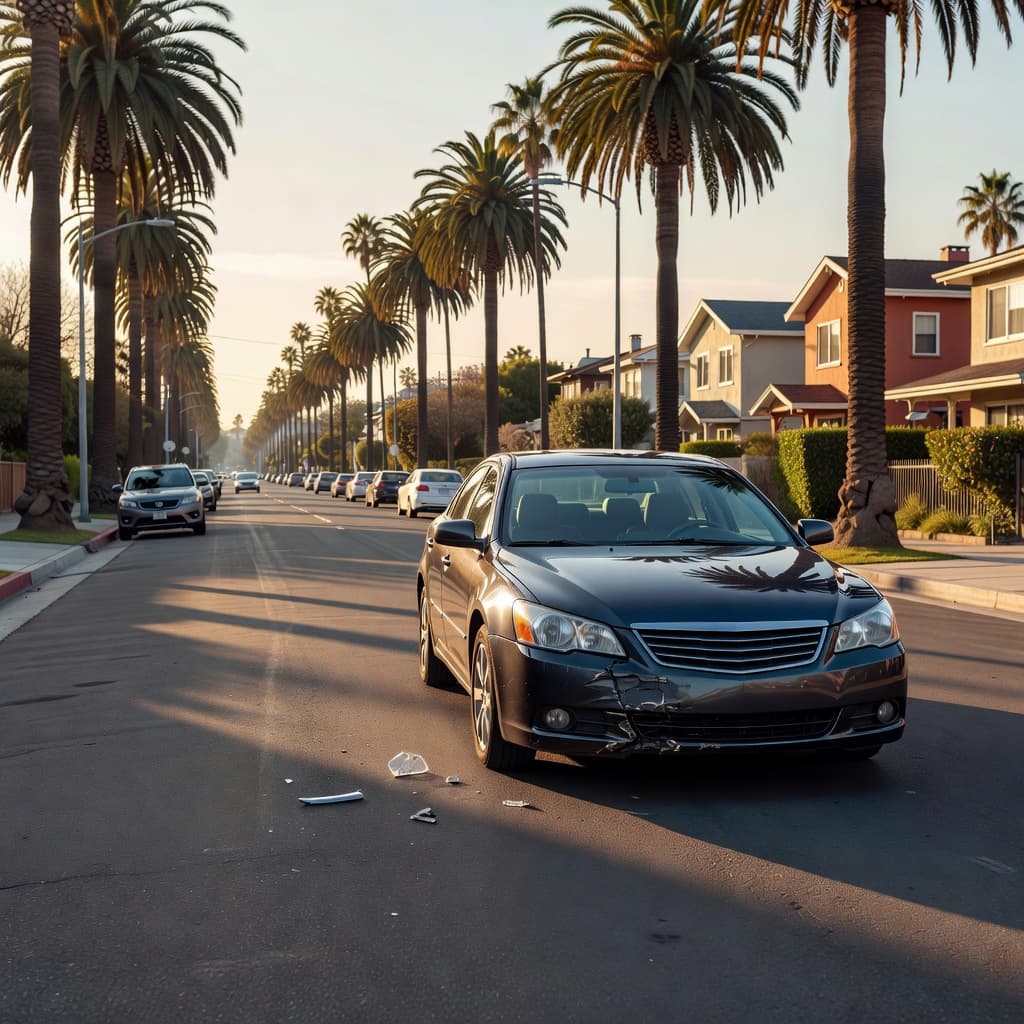A silver car with a dented front bumper sits parked on a quiet Los Angeles road. Golden afternoon sunlight casts long shadows, contrasting with the dark navy tones of the asphalt.