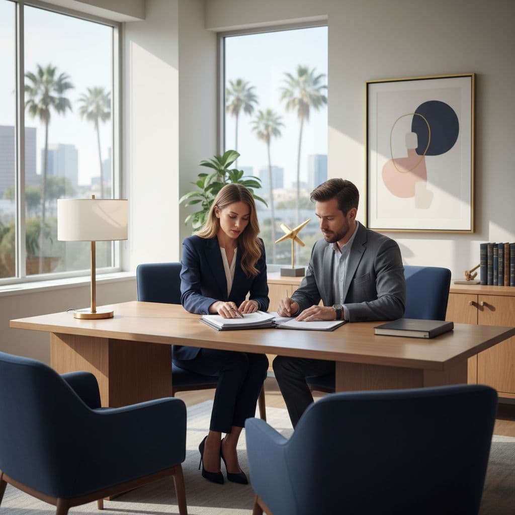 A focused lawyer in a navy suit sits across from a client at a polished wooden desk. They review legal documents inside a bright, sunlit office with elegant gold decor accents.
