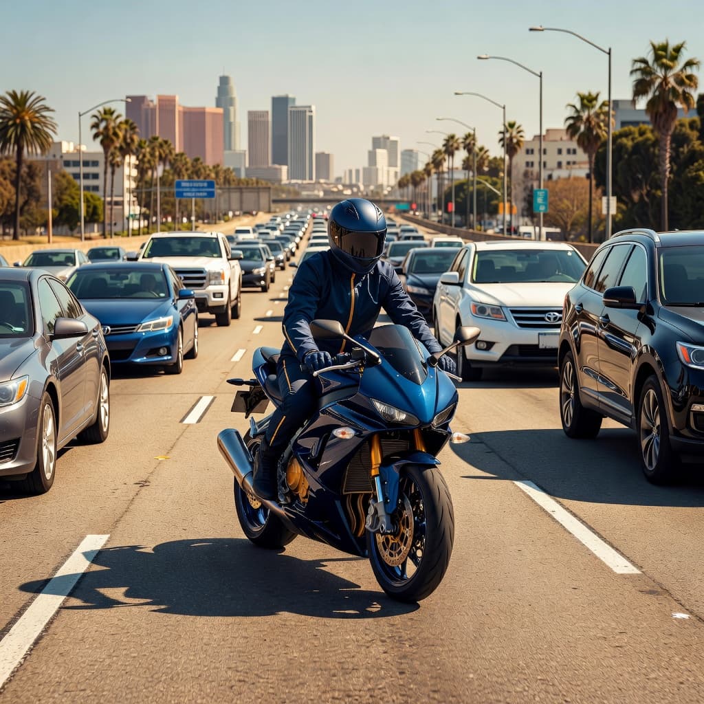 A rider on a sleek motorcycle maneuvers between lanes on a sunlit Los Angeles highway. The composition features a striking color palette of deep navy blues mixed with warm golden highlights.