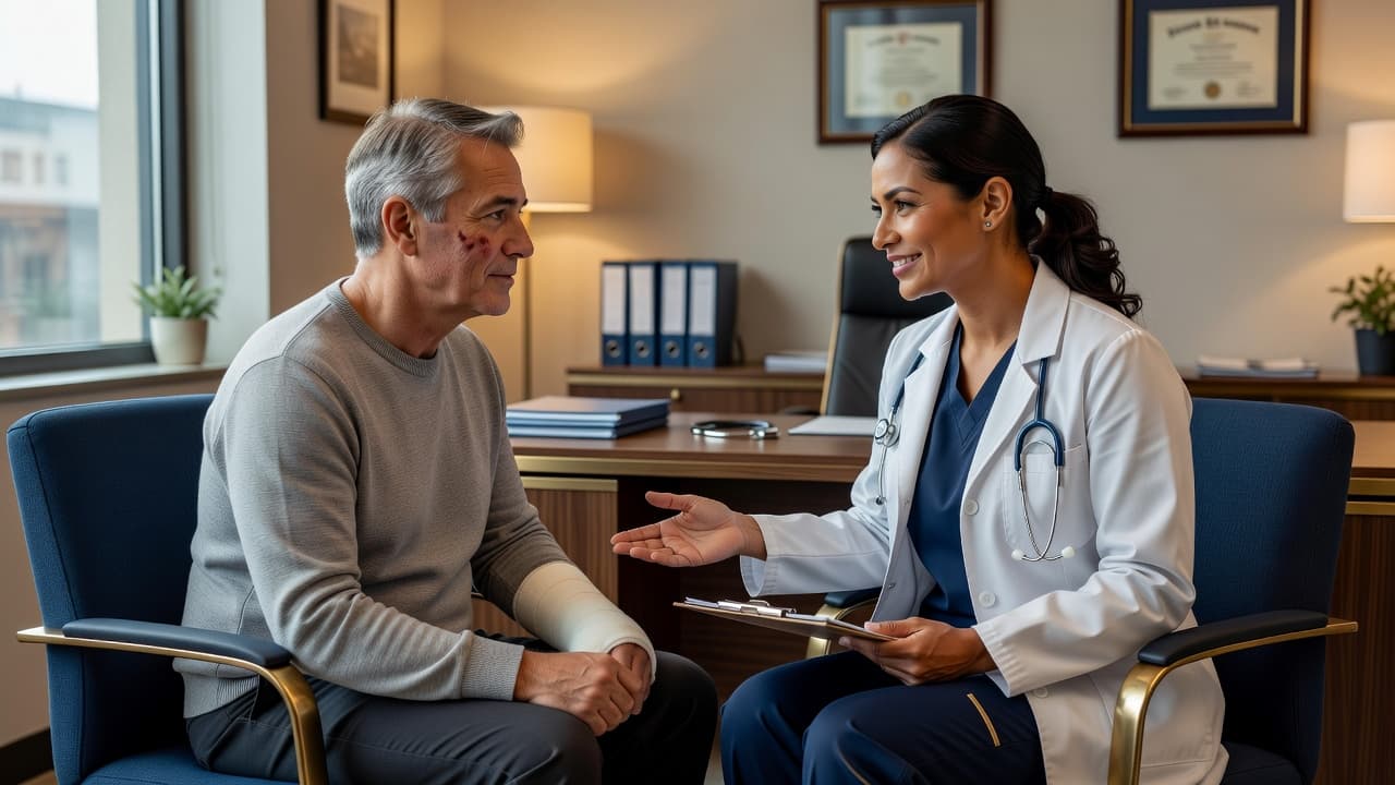 A patient sits in a navy armchair during a medical appointment, speaking with a professional provider. The bright office features gold accents and warm lighting, creating a supportive recovery environment.