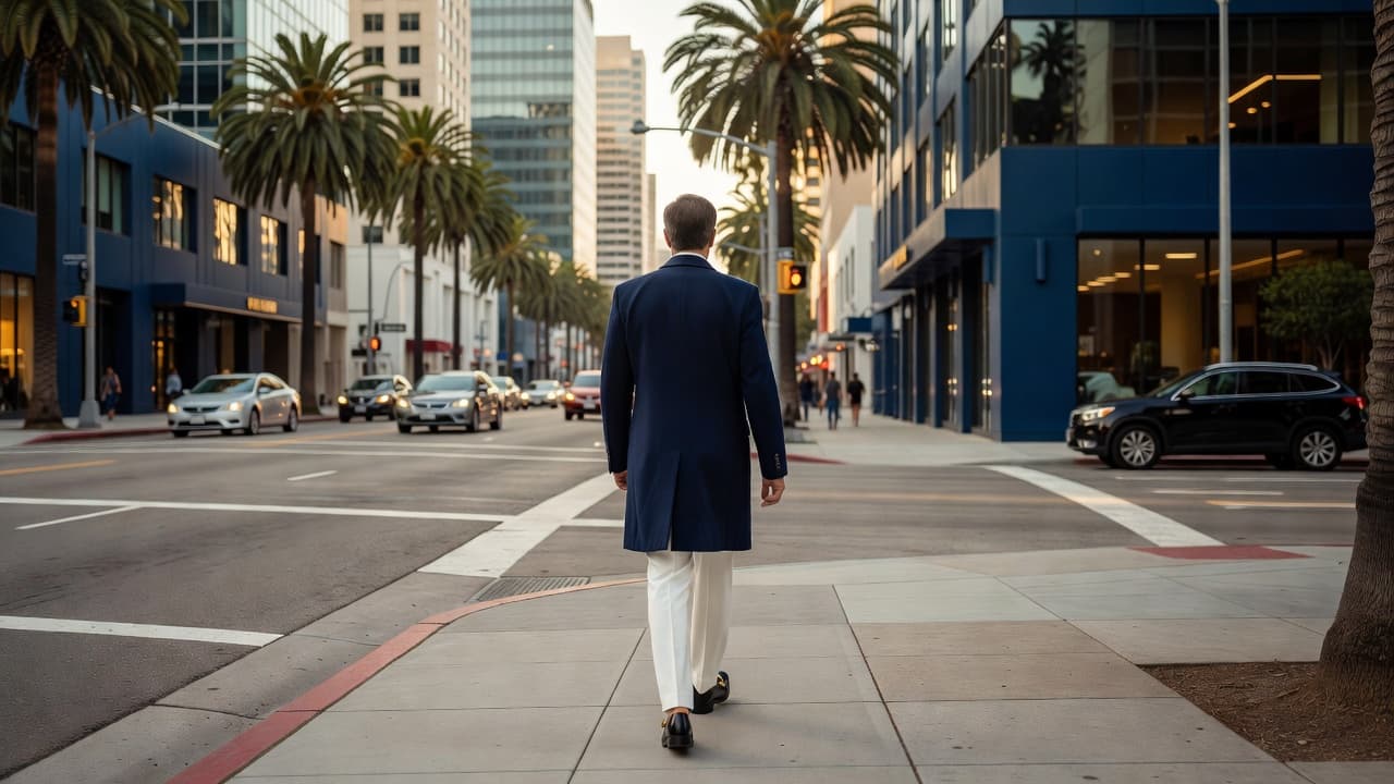 A person walks along a sunlit urban sidewalk in Los Angeles featuring navy blue architecture and gold accents. The busy street scene captures a calm moment during a warm, bright afternoon.