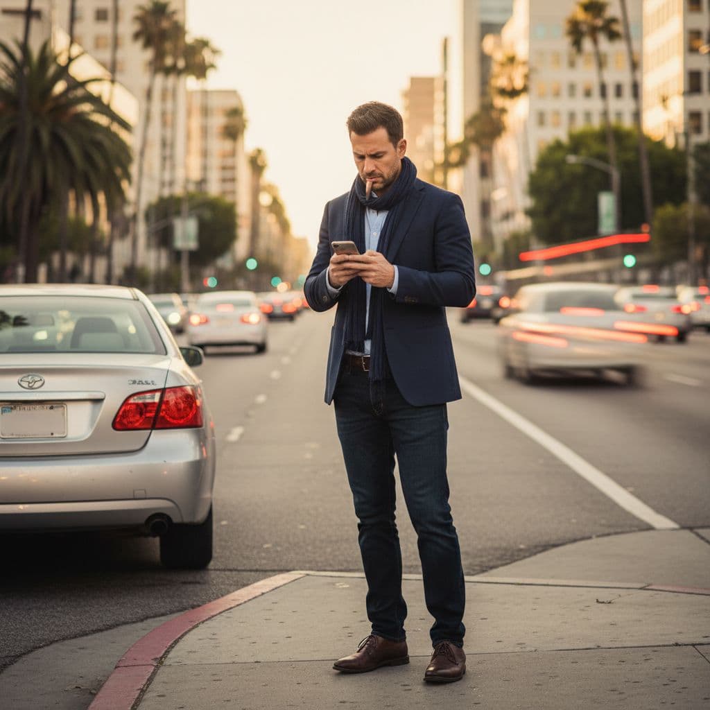 A person stands on a city sidewalk looking distressed while checking a mobile phone. Blurred vehicles pass in the background under warm natural lighting, emphasizing a moment of urban crisis.