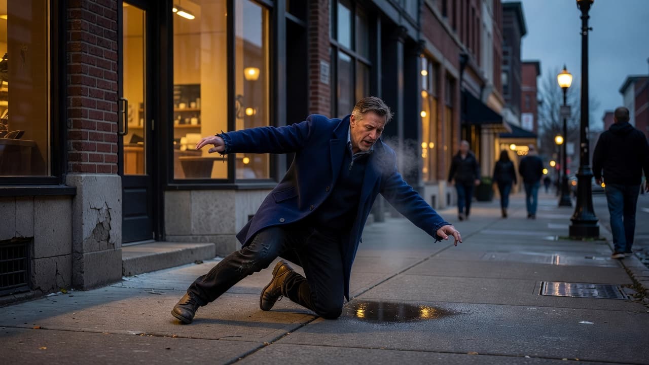 A person stands on an urban sidewalk, arms outstretched while steadying their posture after a slip. The scene is illuminated by warm gold light, highlighting the navy blue clothing and textured pavement.