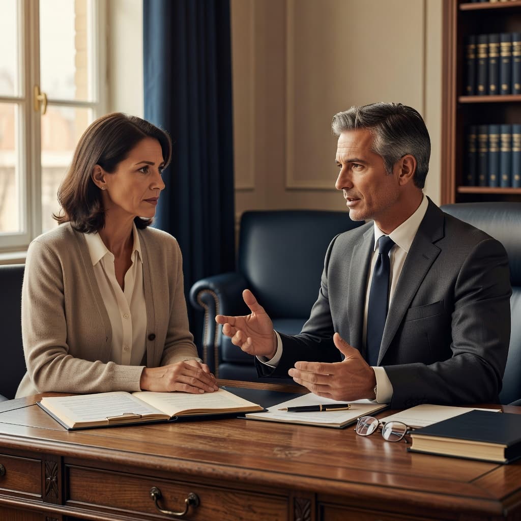 A focused attorney sits across a mahogany desk from a client, gesturing during a legal meeting. Warm ambient lighting illuminates the navy blue walls and leather office furniture within the room.