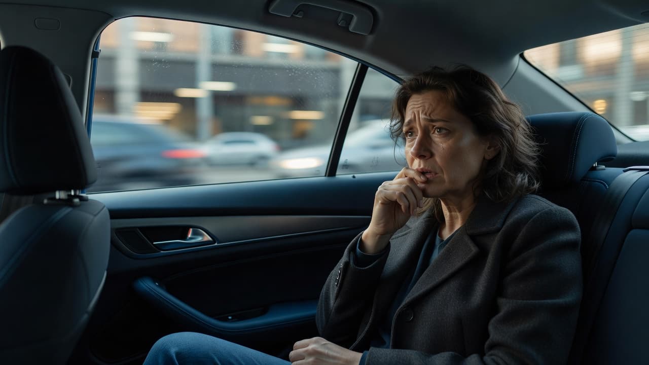 A concerned passenger sits in the dimly lit backseat of a vehicle, gazing through the window at the blurred city lights. Their somber expression reflects the weight of a difficult commute.
