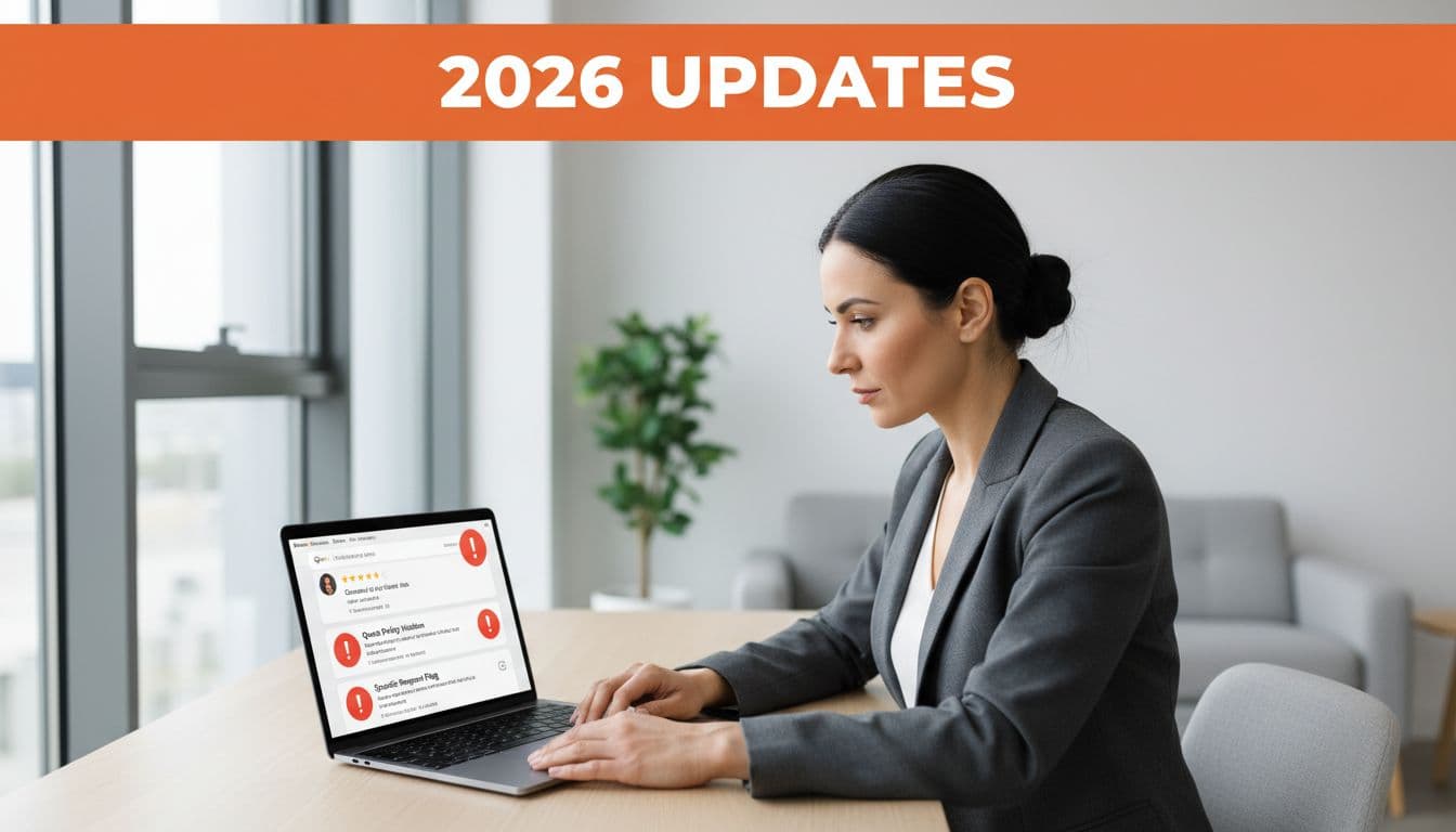 Orange top band with '2026 Updates' headline above business owner at desk viewing laptop showing Google Business Profile review icons with red quota warnings.