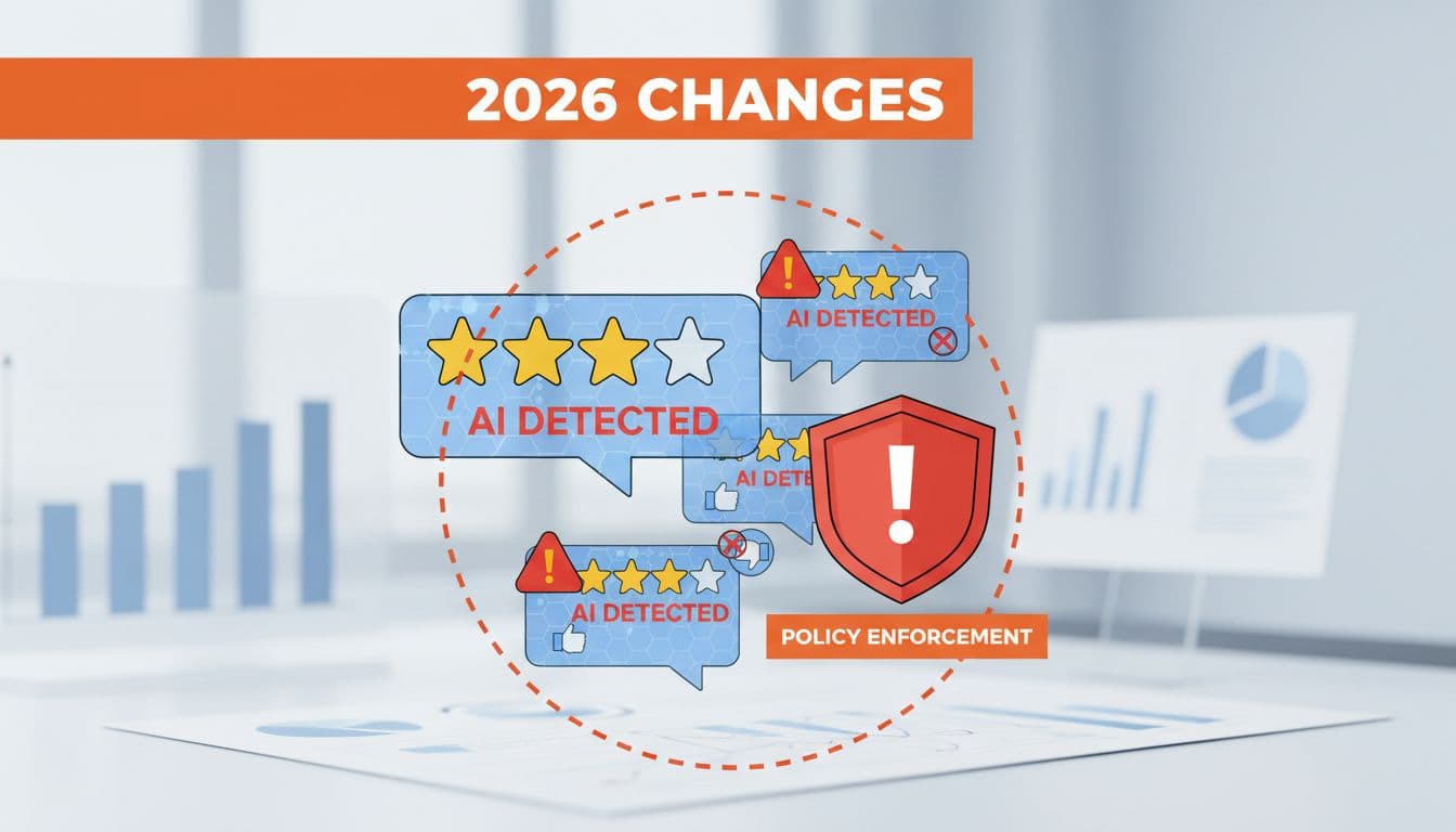 Star ratings and review bubbles with detection overlays and warning symbols on modern dashboard, topped by orange '2026 Changes' headline.