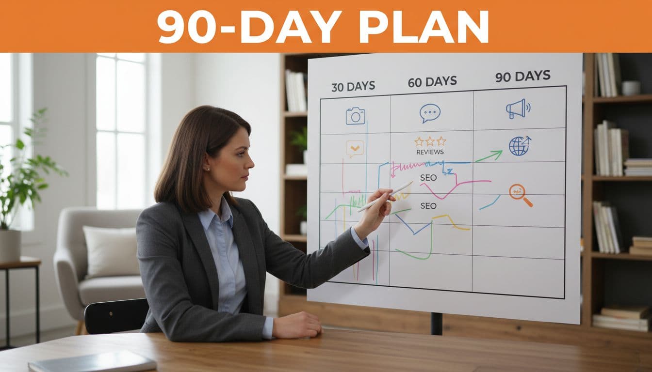 Business professional at home office desk reviews calendar marked 30-60-90 days with content, reviews, SEO icons under orange '90-Day Plan' banner.