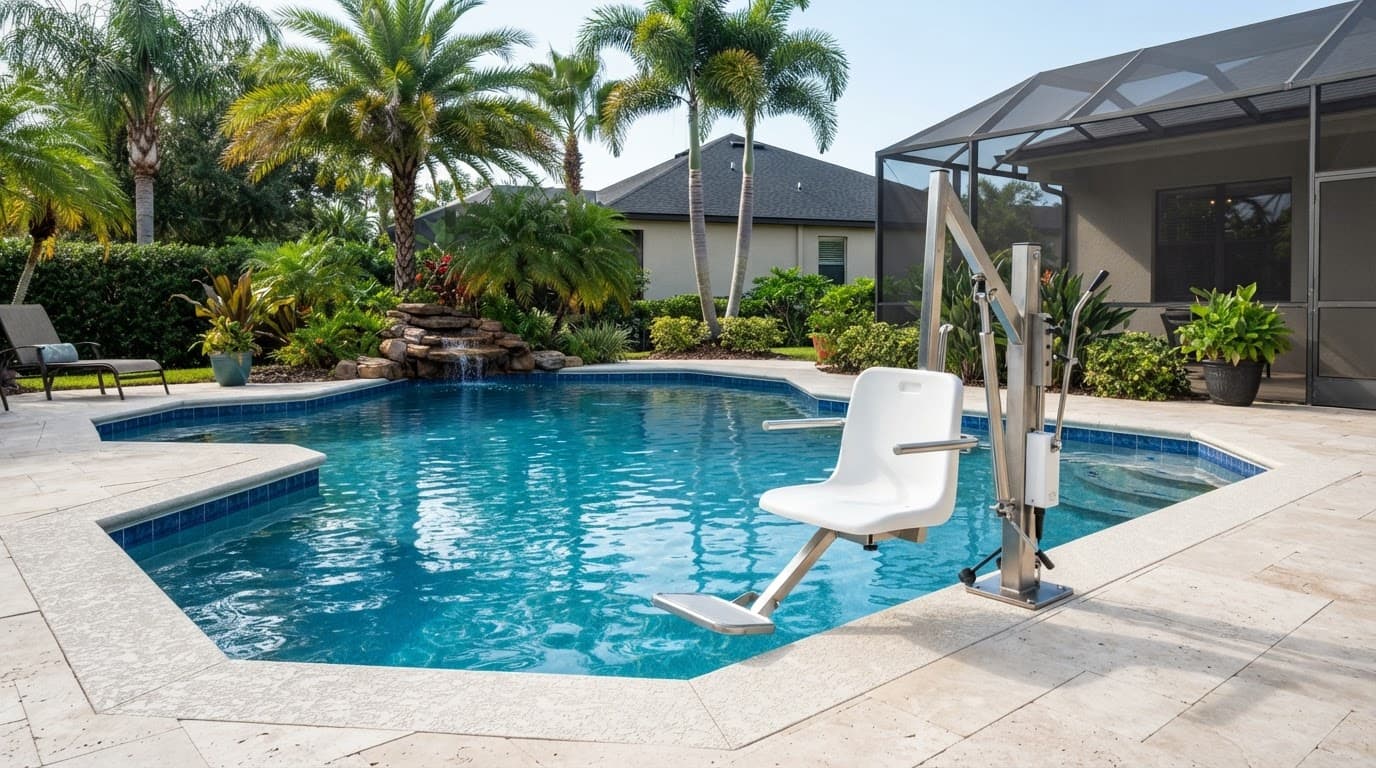 A pool lift beside the deep end of a sunny backyard pool.