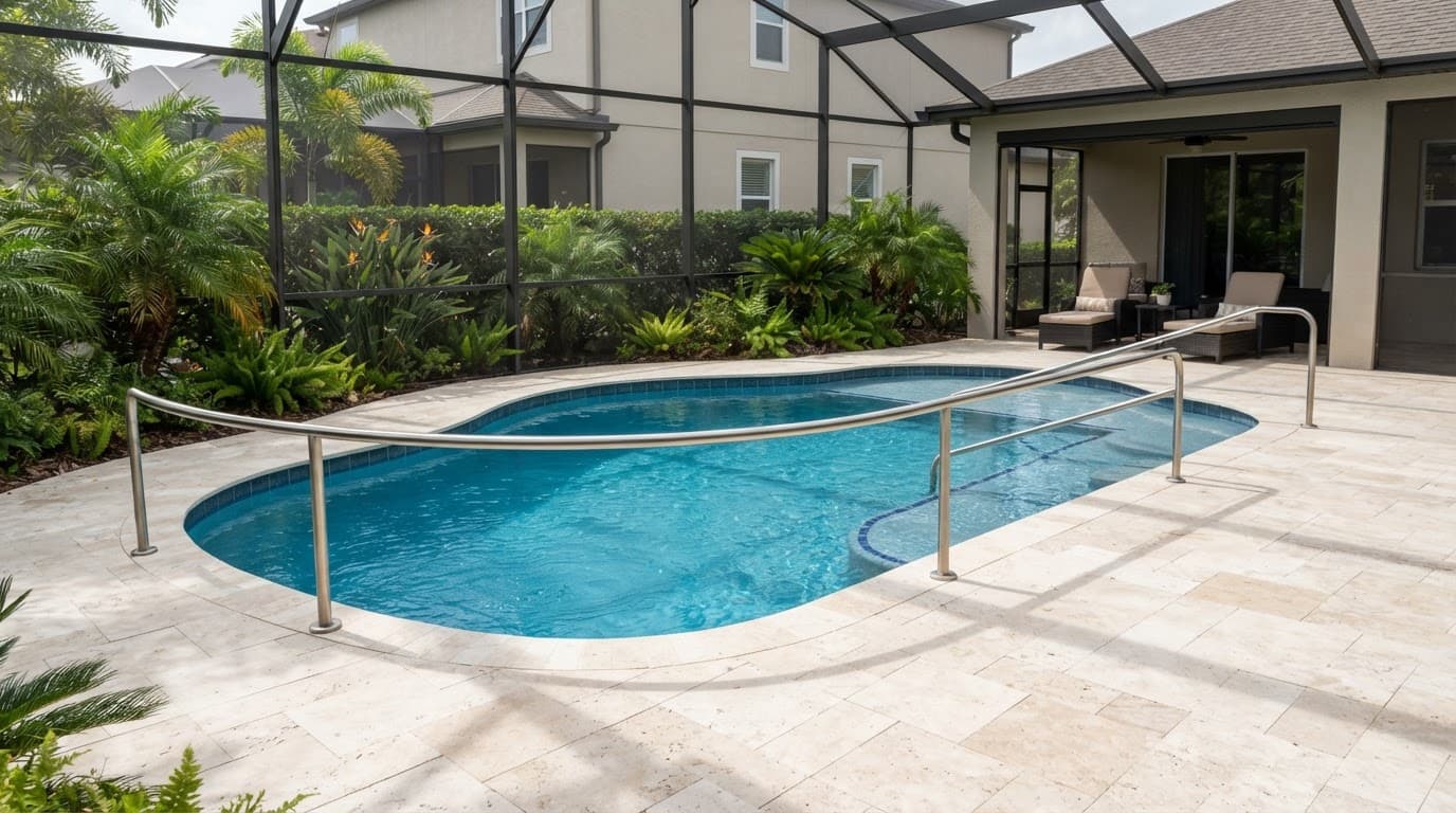 A spacious backyard pool deck with handrails, shaded seating, and tropical plants.