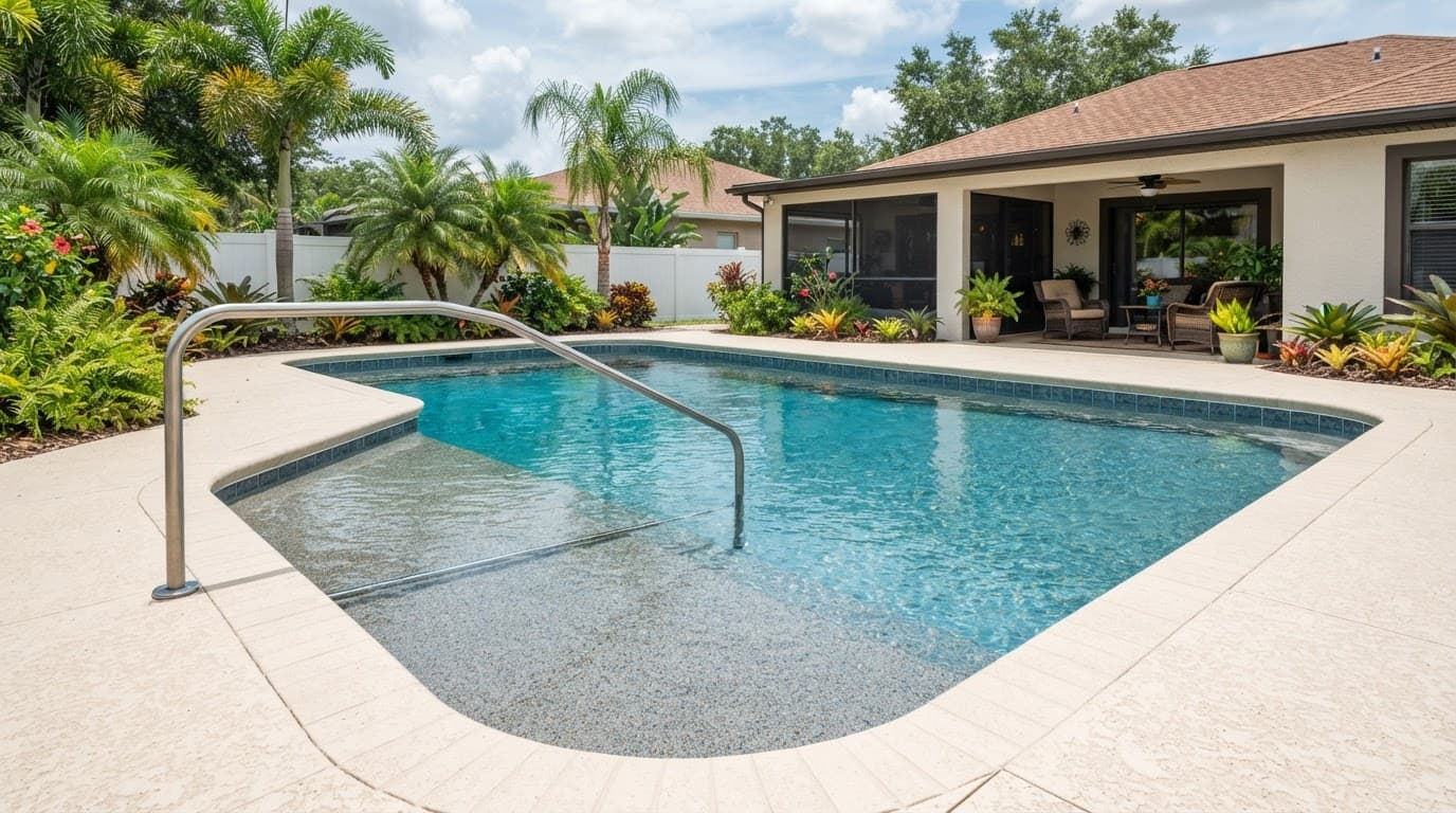 A backyard pool with a sloped entry, handrail, and wide deck beside a Florida home.