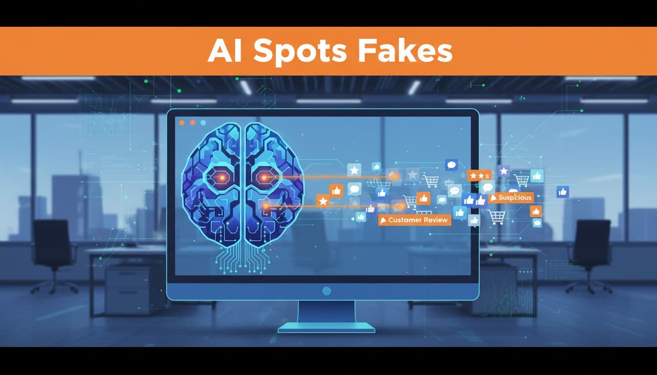 Digital brain scans customer review icons on computer interface, glowing orange highlights on suspicious ones, modern office background with top orange band 'AI Spots Fakes'.