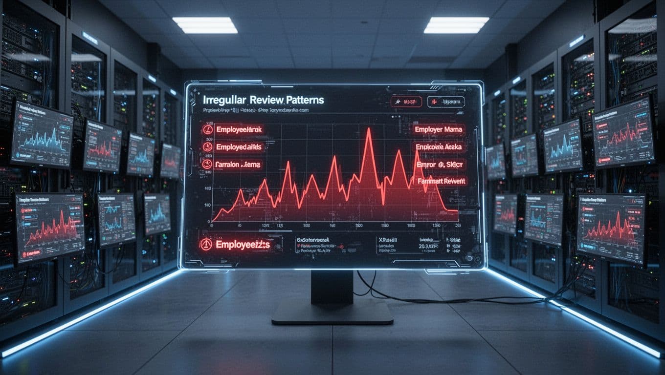 Server room dashboard with glowing screens showing review patterns, red-highlighted names, graph spikes, and central interface under orange 'AI Filters' band.
