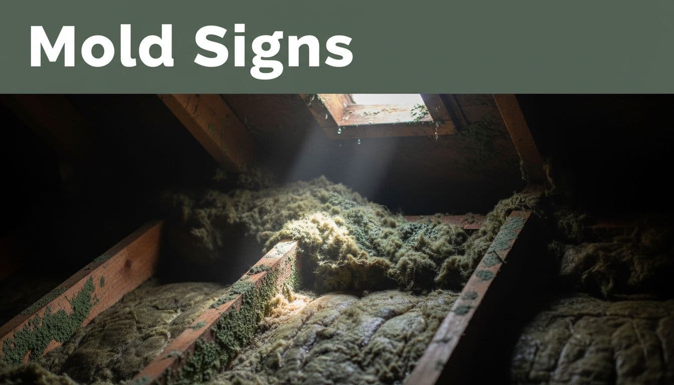 Close-up of dark green fuzzy mold patches on wooden attic roof rafters and insulation with moisture droplets, highlighted by a beam of light in a dimly lit attic.