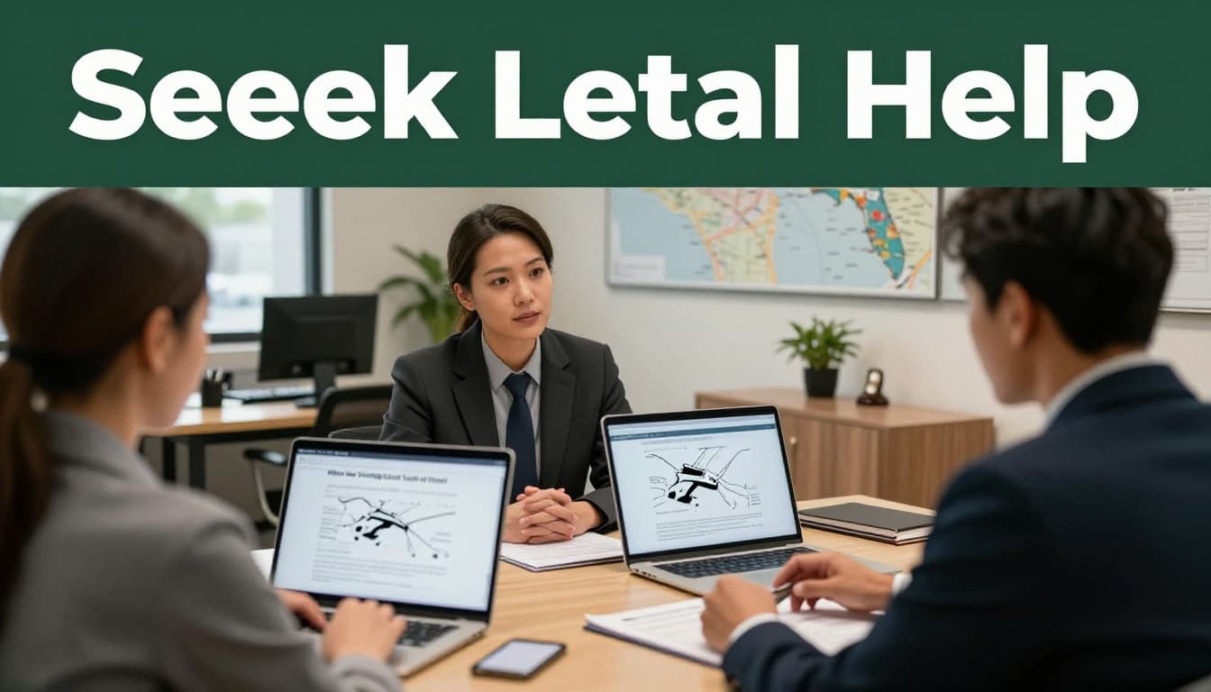 Over-shoulder view of attorney and client discussing accident diagram on laptop amid papers in modern office, Florida map background, top green banner reads 'Seek Legal Help'.