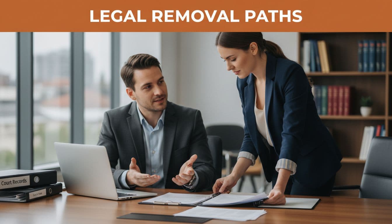 Client and attorney review documents across conference table under orange 'Legal Removal Paths' headline band.
