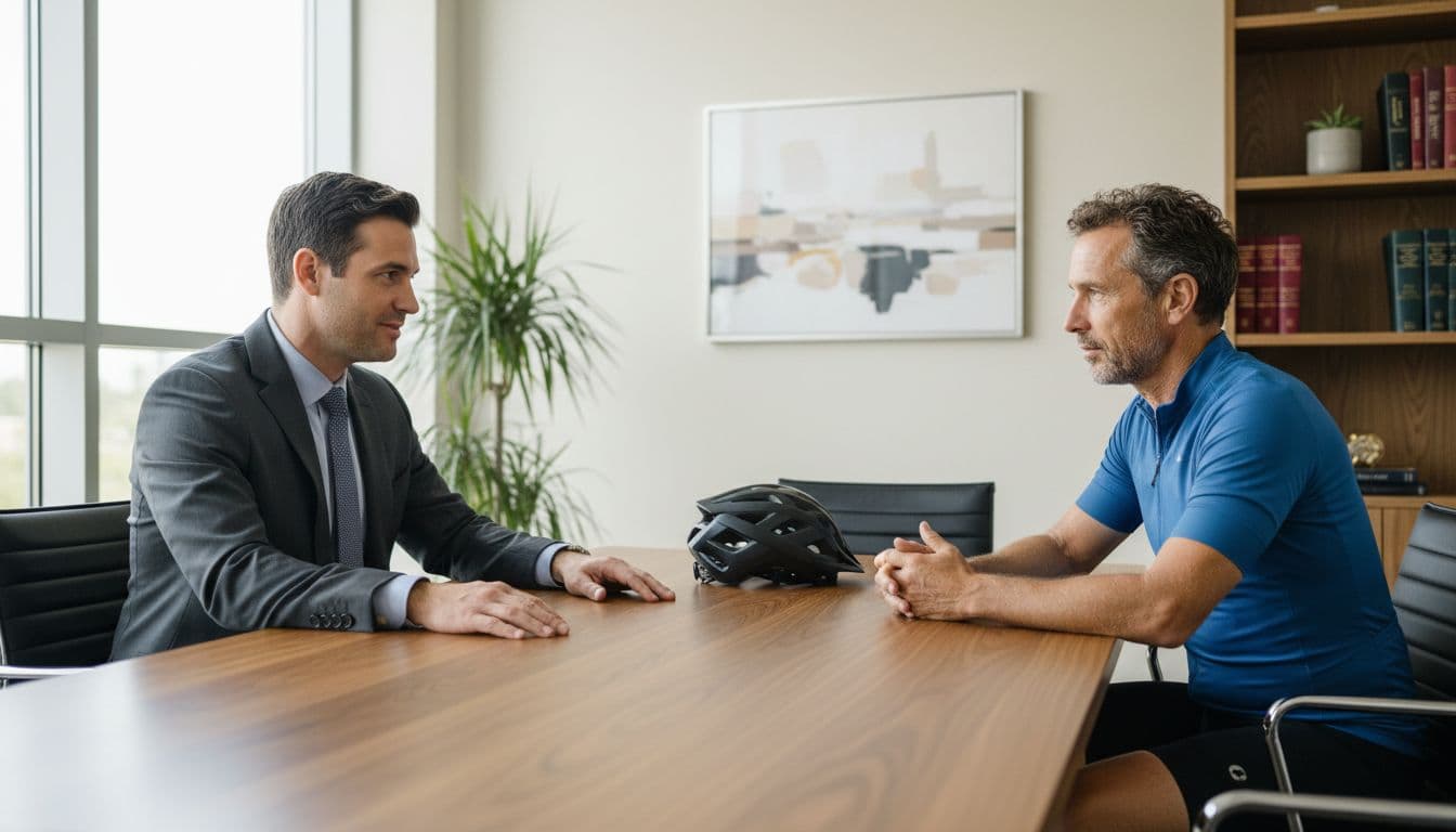 A professional male attorney in business attire consults with a middle-aged male cyclist client in casual clothes across a wooden desk in a bright modern law office, with a bicycle helmet placed between them during a calm focused discussion.