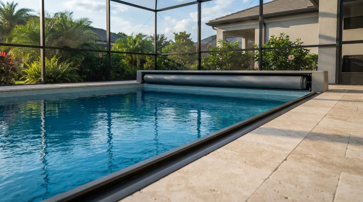 Automatic pool cover housing and side tracks beside a blue residential pool.