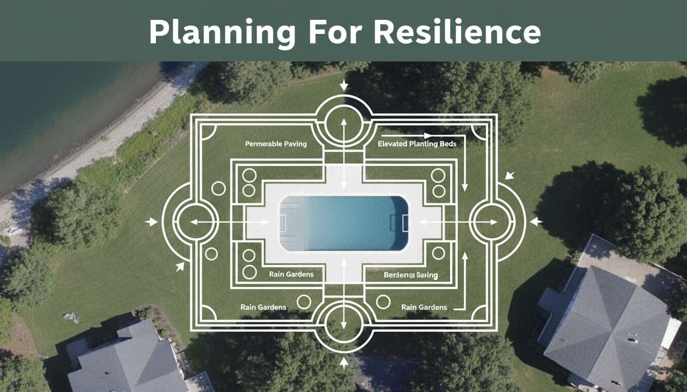 A minimalist architectural site plan for a pool project sits beneath a dark green planning header.