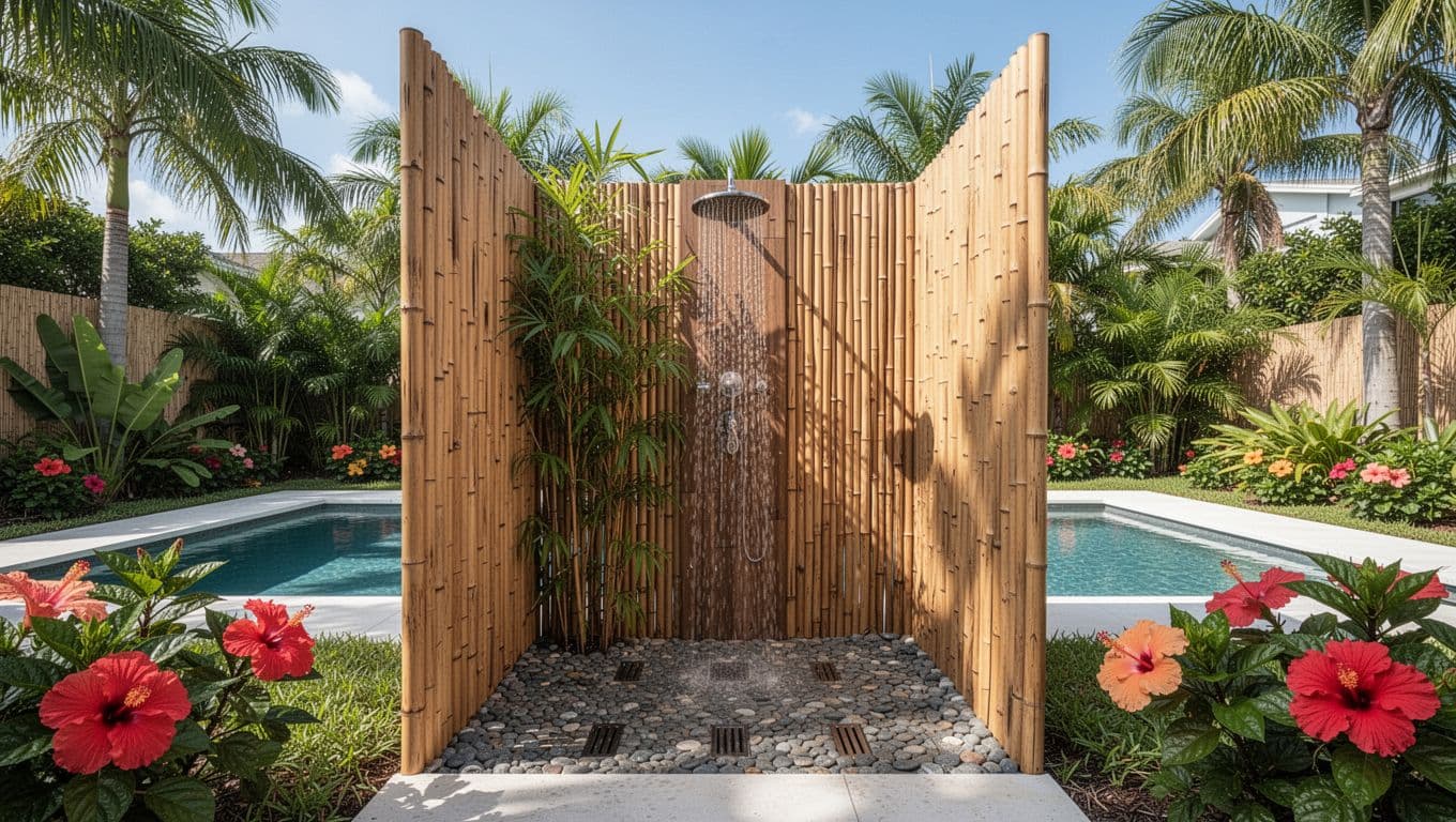 An open-air outdoor shower enclosed by tall bamboo screens and dense tropical foliage for privacy, adjacent to a rectangular pool in a modern Florida backyard. Photorealistic rendering featuring a 'Privacy Solutions' headline in a consistent editorial style.