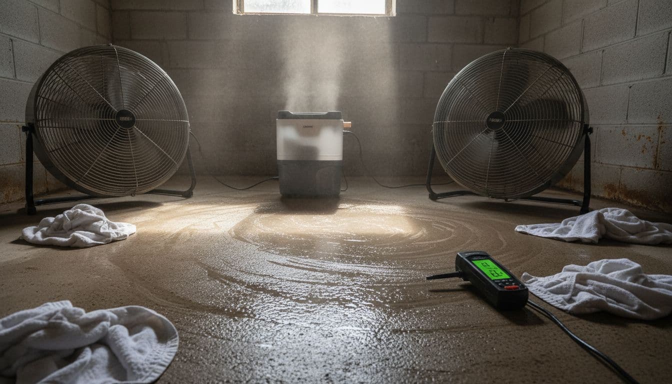 Close-up of two fans and one dehumidifier actively drying a wet concrete basement floor after water heater leak cleanup, with towels mopping residual water and a moisture meter checking dryness under natural window light.