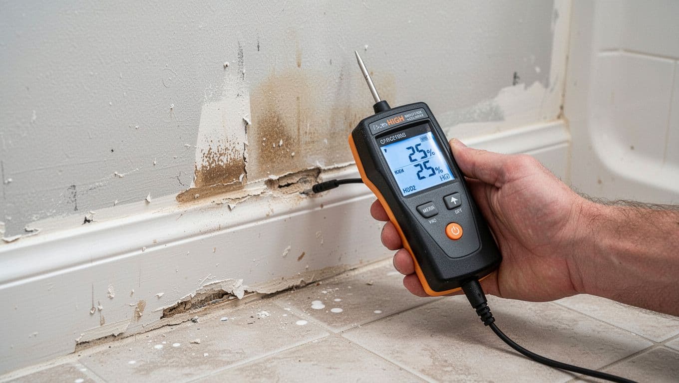 Close-up of a hand using a digital moisture meter probe on bathroom drywall near the floor, displaying a high 25% reading for hidden dampness after a leak.