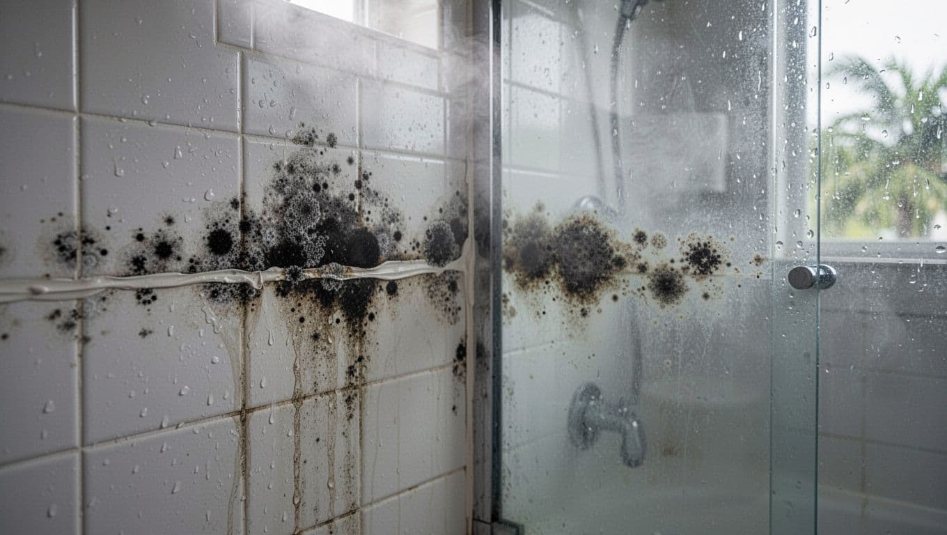 Visible black fuzzy mold on bathroom shower wall grout lines and caulk from water leak, with water droplets, steam, and high humidity in a Fort Myers style bathroom.