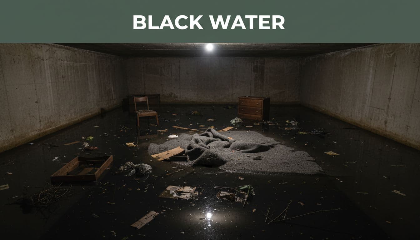 Murky black sewage water flooding a home basement floor, with wooden furniture partially submerged, wet carpet buckling, and debris floating under dim overhead light casting shadows on concrete walls. Realistic high-detail photo in wide-angle composition with dramatic low-key lighting and muted brown-gray palette, featuring a branded dark-green top band with 'Black Water' headline.