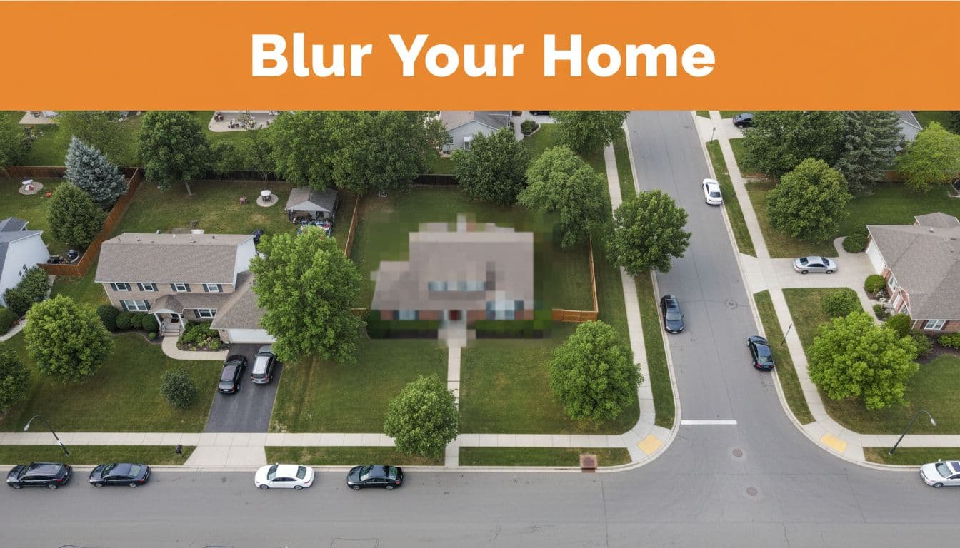 Aerial view of partially blurred suburban house on Google Street View interface, with orange top band displaying 'Blur Your Home' headline.