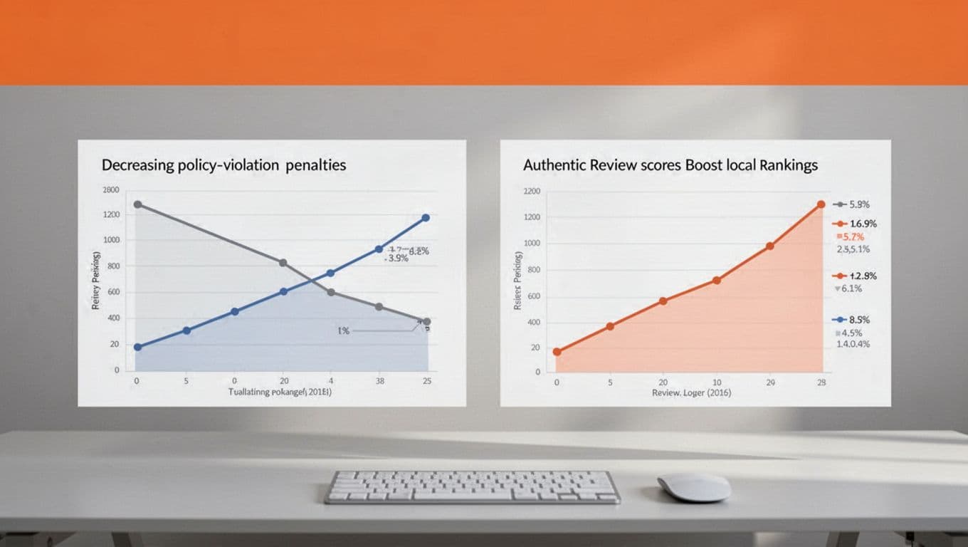 Side-by-side charts on clean workstation: left declining violations graph, right rising compliance line, under orange top band with 'Business Impacts' headline.