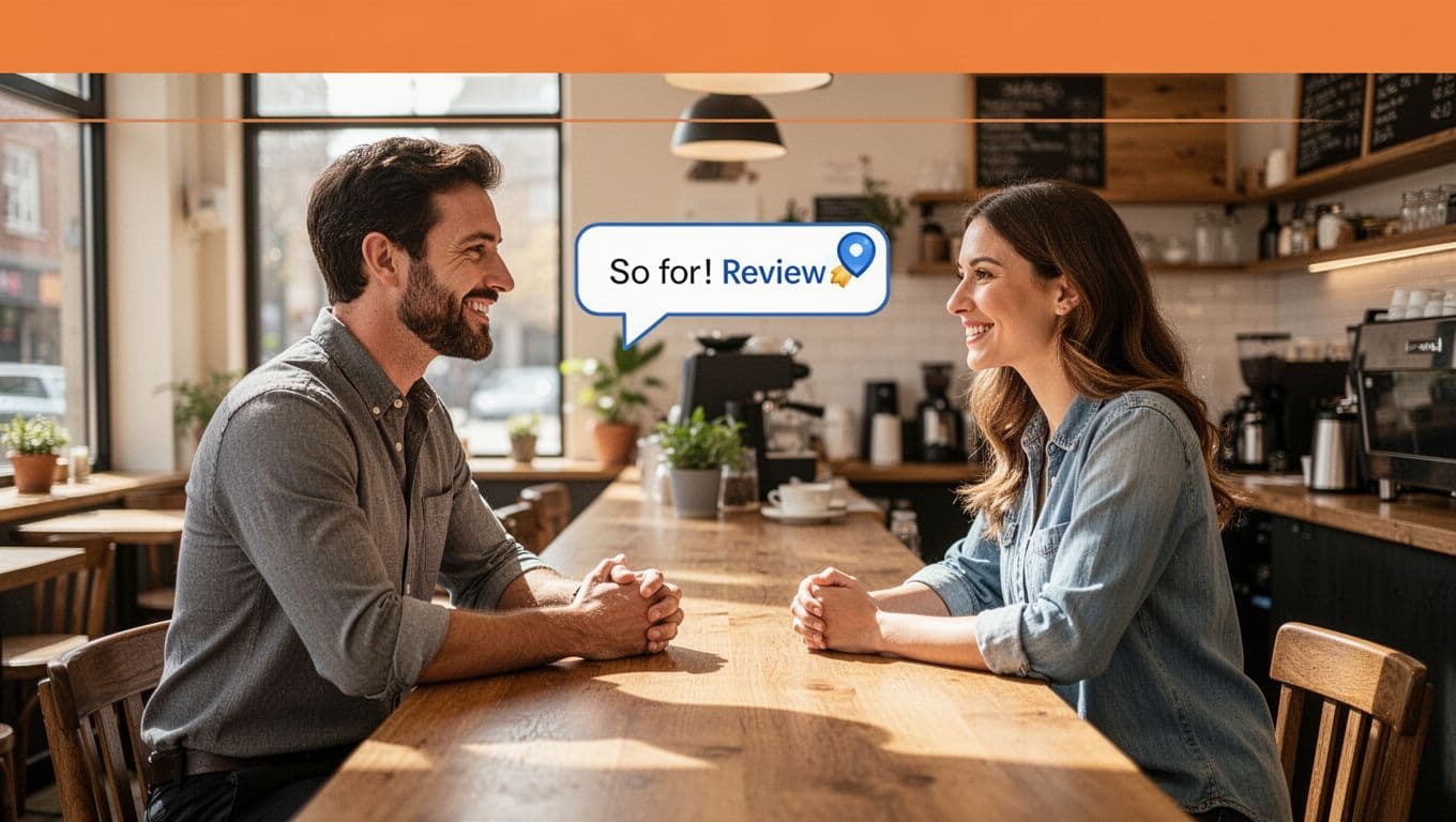 Illustration of a business owner politely asking a satisfied customer for a Google review at a cafe counter with a warm interior background, natural smiles, and bright even lighting.