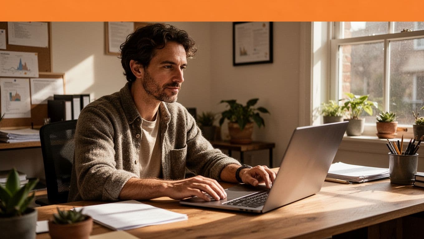 Business owner sits relaxed at desk viewing laptop with Google Business Profile showing positive review stars, orange top banner 'Stay Compliant'.