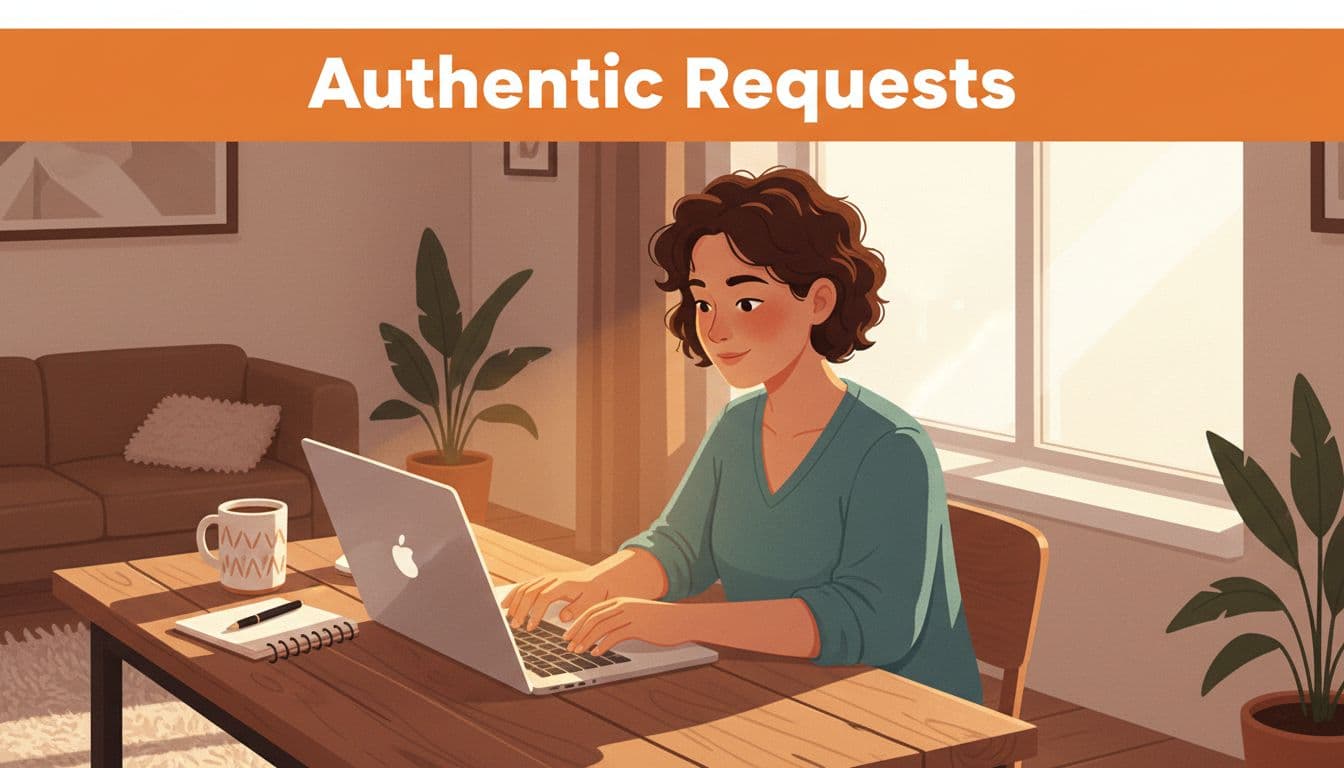 Business owner at desk types on laptop with orange 'Authentic Requests' band at top in cozy office with coffee mug and notebook.