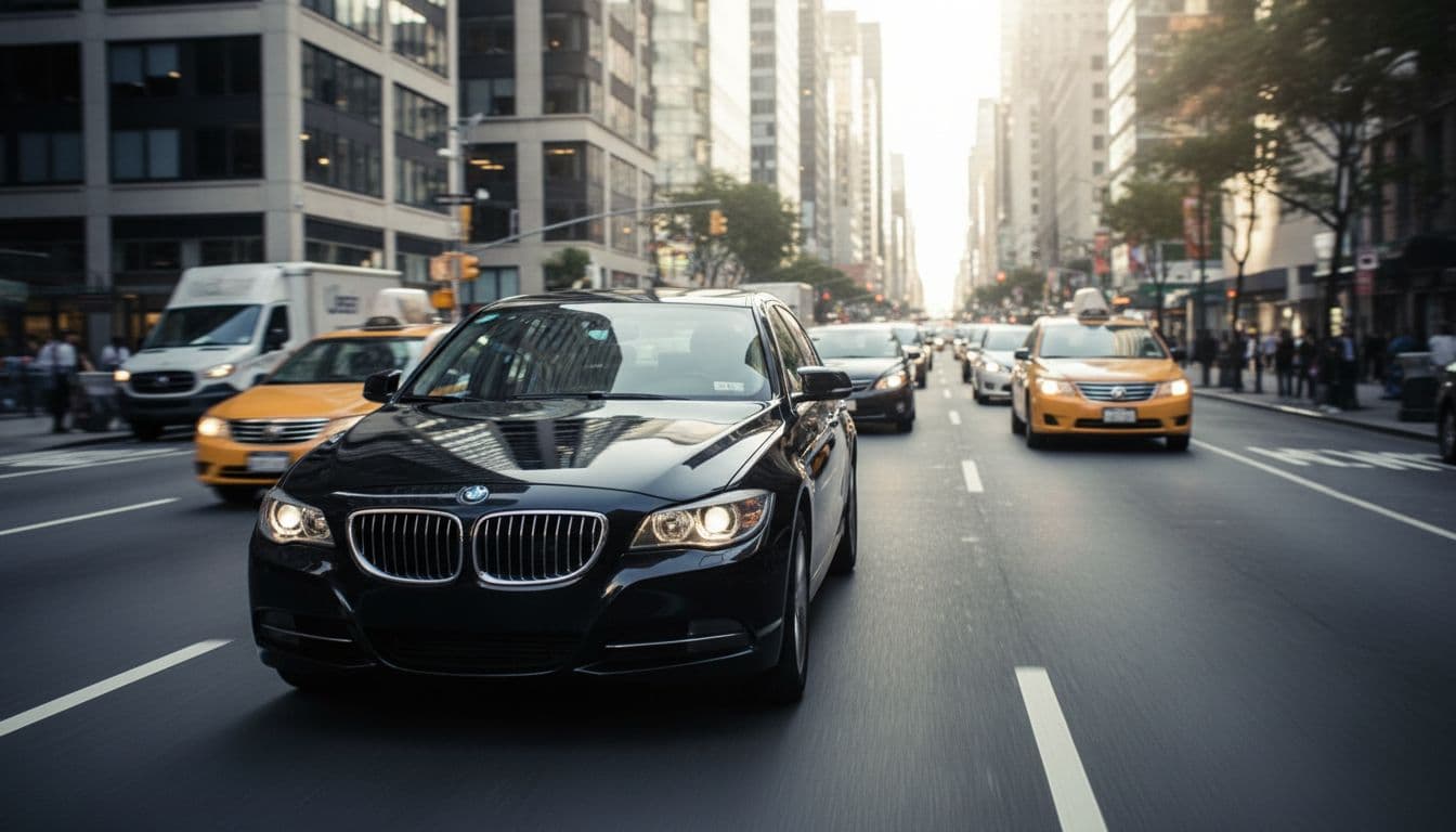 Multiple vehicles drive down a busy urban street with motion blur capturing a sense of speed.