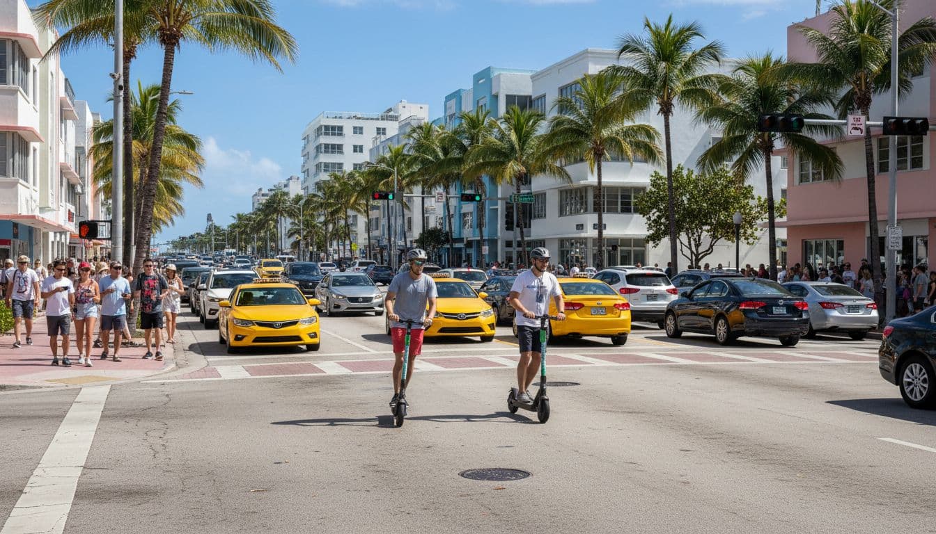 Vibrant South Florida street scene in Miami showing exactly two electric scooters with single riders weaving through heavy traffic near busy intersections, tourists on sidewalks, ride-share cars, and palm trees on a sunny day in realistic style with bright natural lighting.