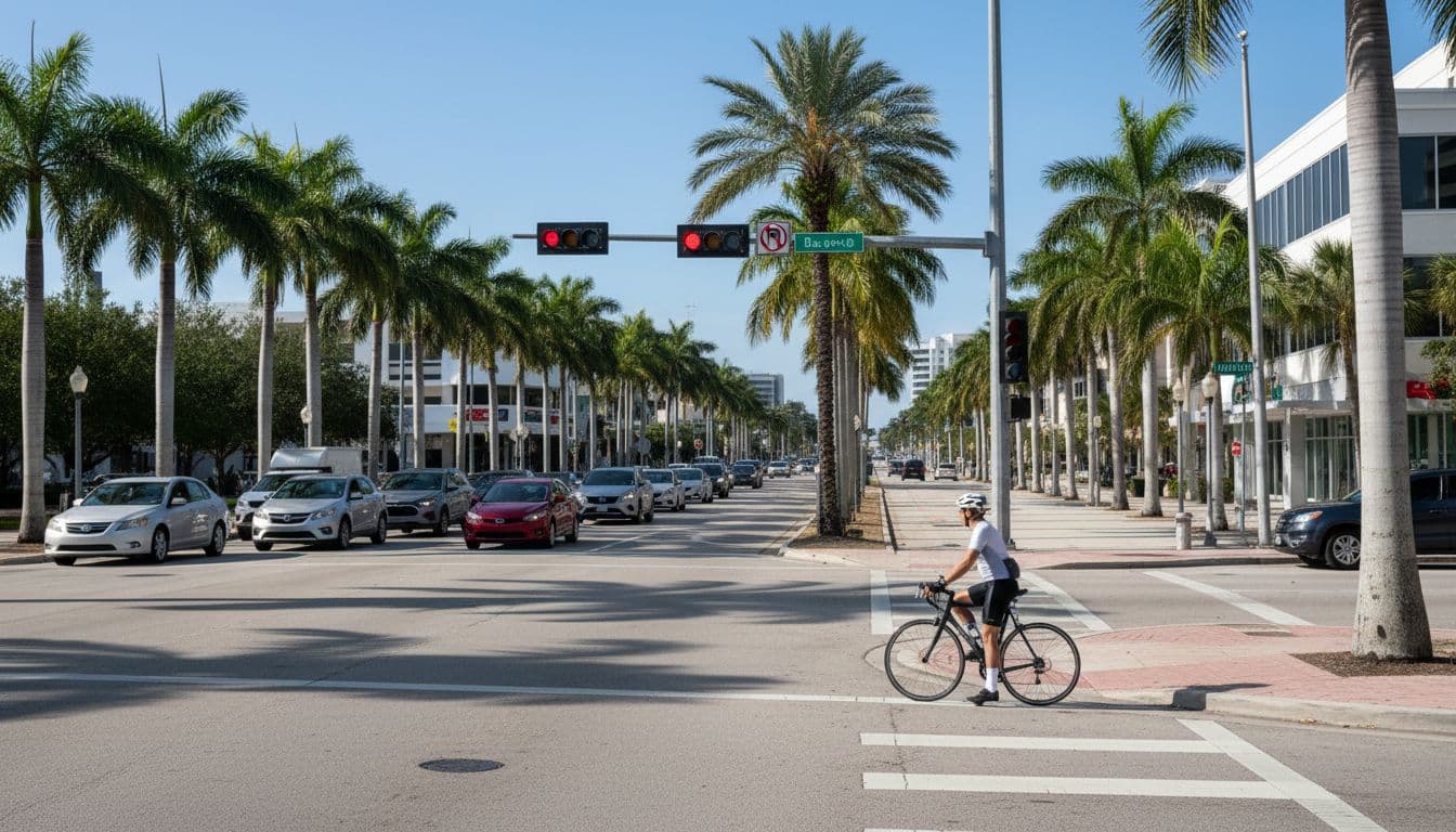 A busy South Florida urban intersection during daytime features palm trees and exactly one cyclist waiting at a crosswalk signal amid cars lined up at a red light.