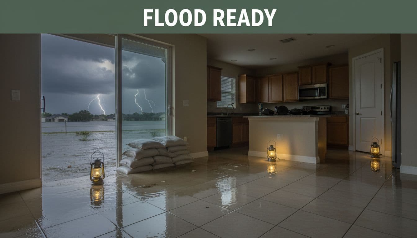 Flooded Cape Coral home interior with rising water on tile floor near kitchen, sandbags at door, stormy sky through window, wide-angle view showing urgency under dim emergency lighting. Muted dark-green top band with bold 'FLOOD READY' headline.