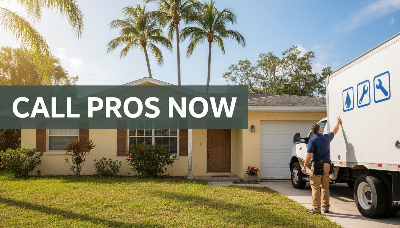 Exterior of a Cape Coral home with a professional restoration truck parked outside and a uniformed technician assessing door damage amid palm trees on a sunny Florida day, featuring a bold 'Call Pros Now' headline on a dark-green band at the top.