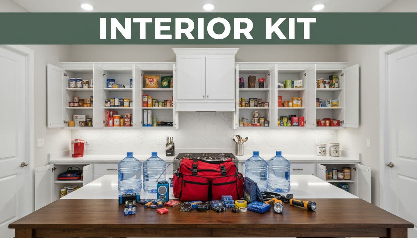 Modern Cape Coral kitchen interior with open cabinets stocked with supplies like flashlight batteries and water jugs on counters, centered on a table with assembled family emergency kit under bright lighting. Features bold 'Interior Kit' headline in Montserrat Black font on a muted dark-green band near the top.