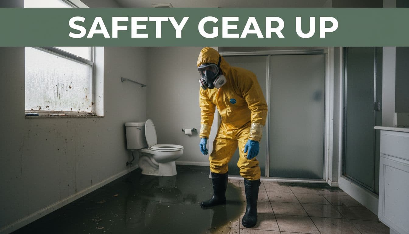 A cautious homeowner in Cape Coral, Florida, wears full PPE including respirator, gloves, goggles, and boots in a flooded bathroom with sewage water on tile floor. Realistic photo in natural daylight, wide angle, with bold 'Safety Gear Up' headline on muted dark-green band.