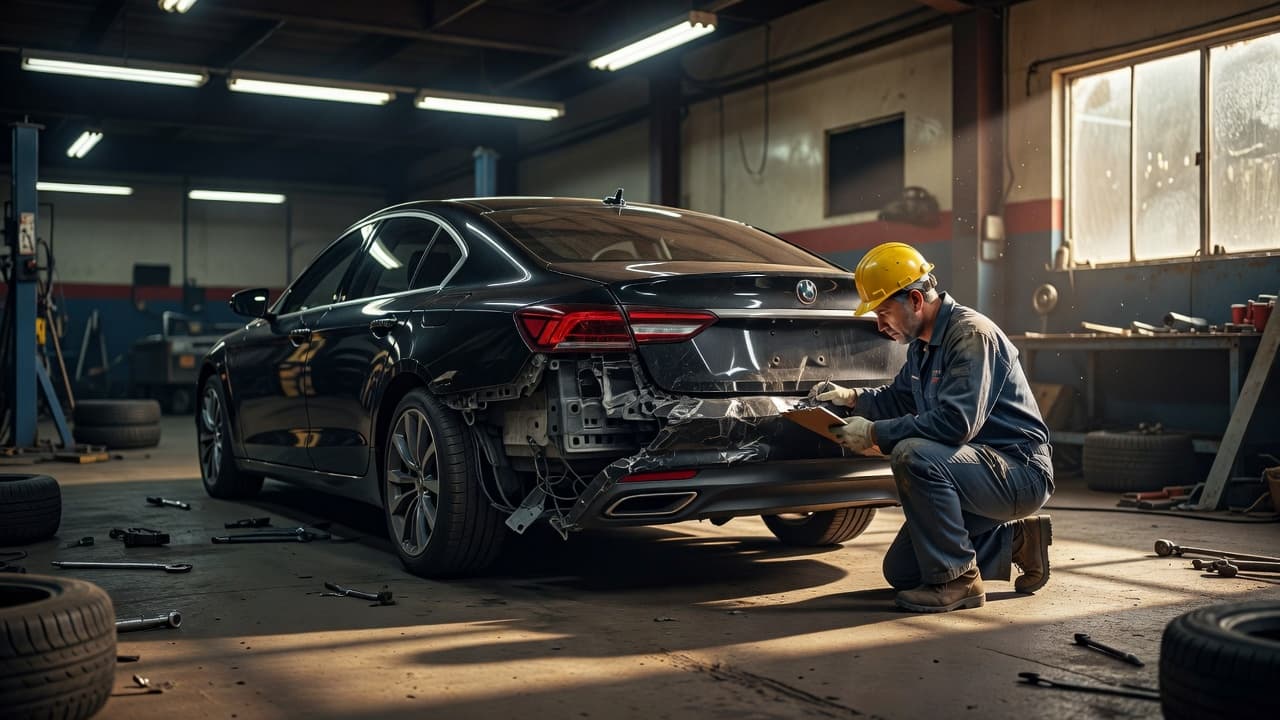 An inspector examining a badly damaged luxury car bumper inside a repair shop.