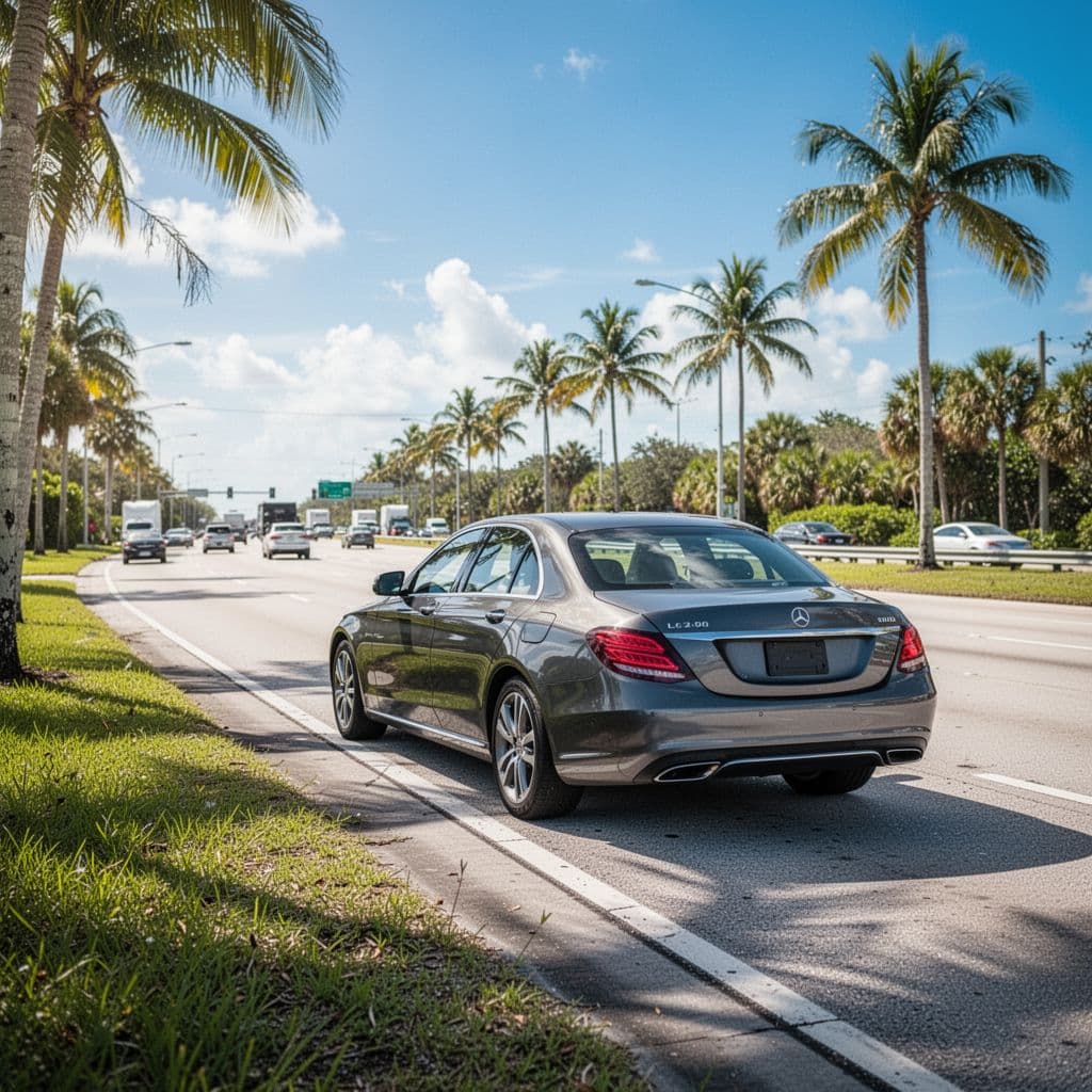 A vehicle sits safely on the shoulder of a highway with traffic passing in the distance.