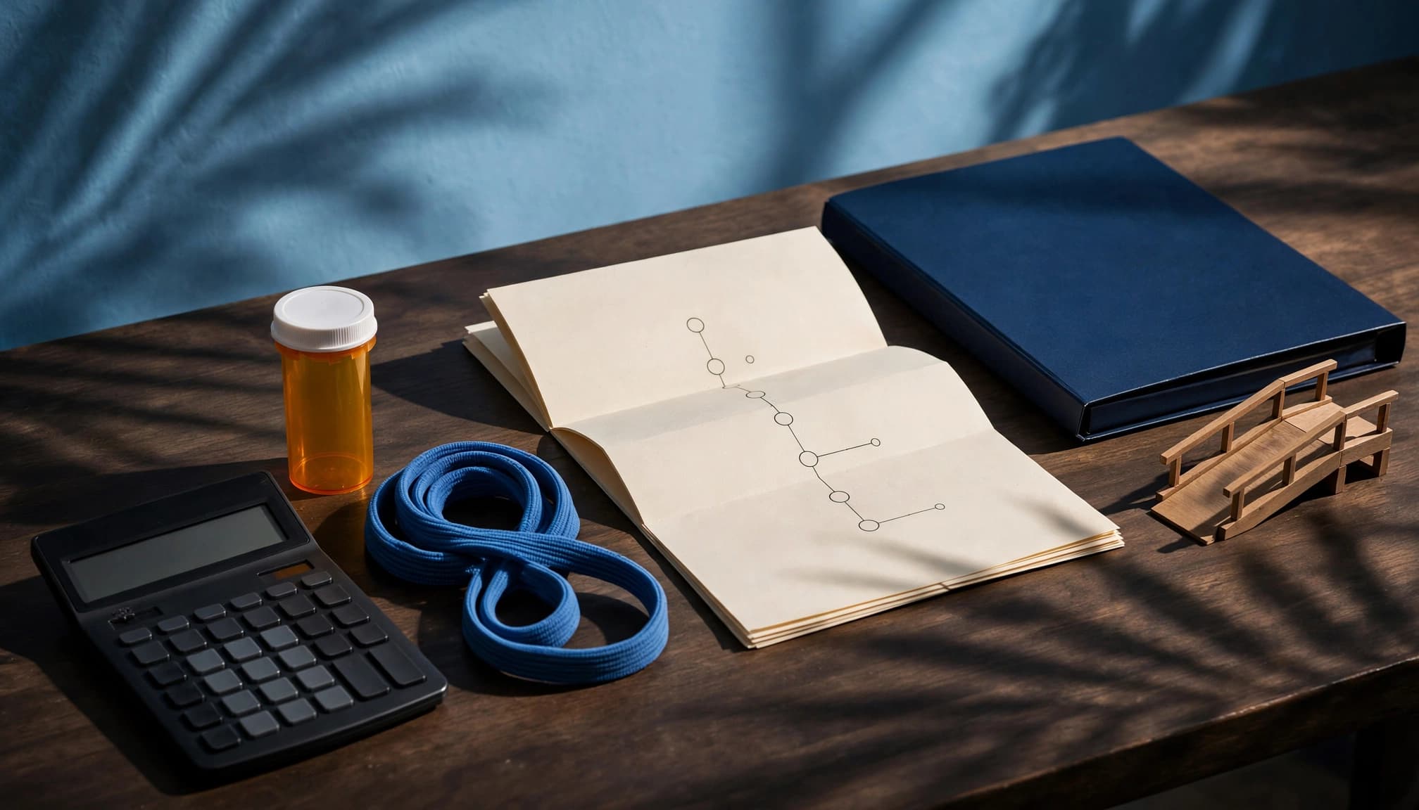 Care planning items, a calculator, therapy band, and miniature ramp arranged on a table.