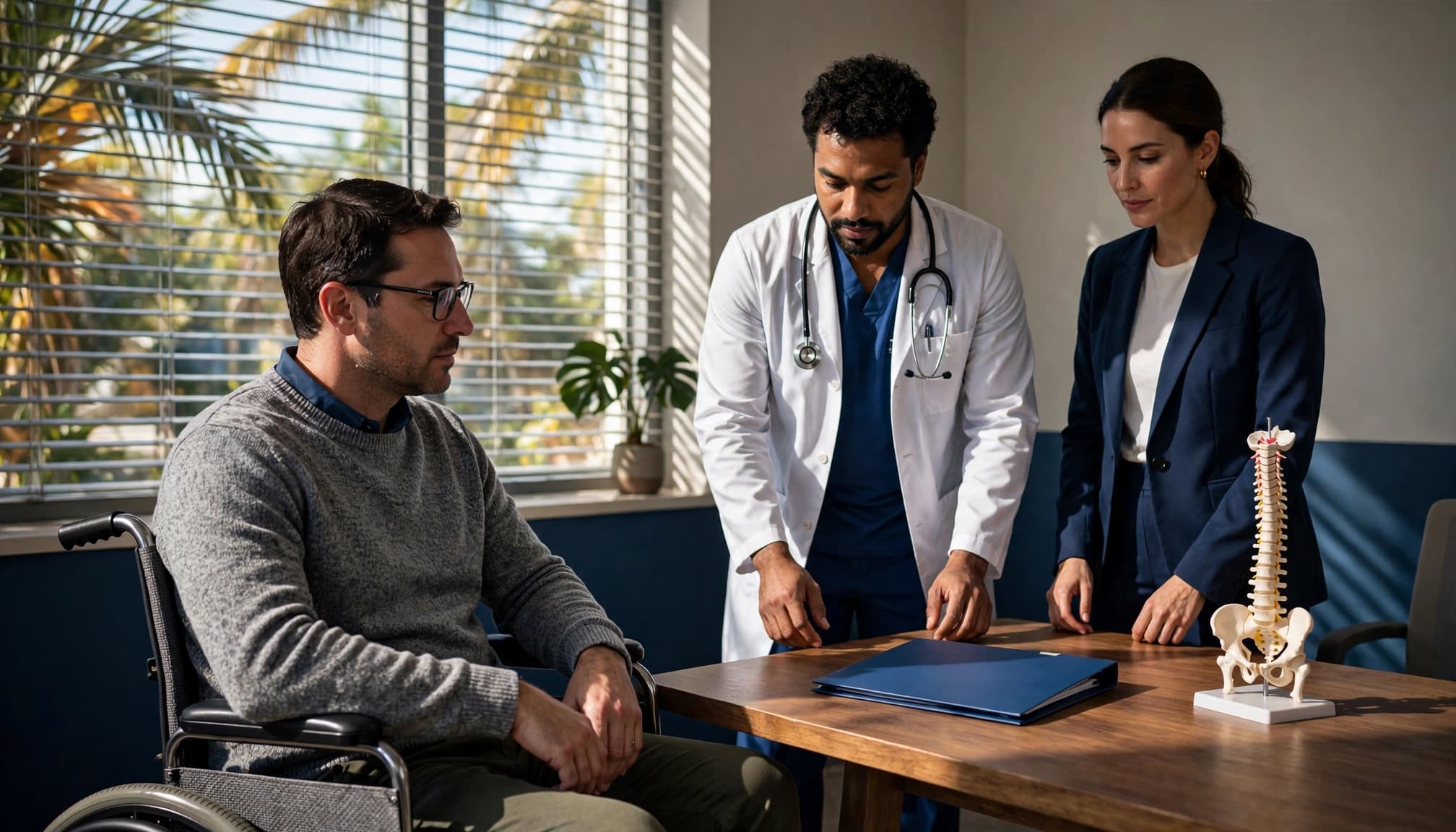 An adult in a wheelchair meets with two professionals beside a table of care-planning materials.