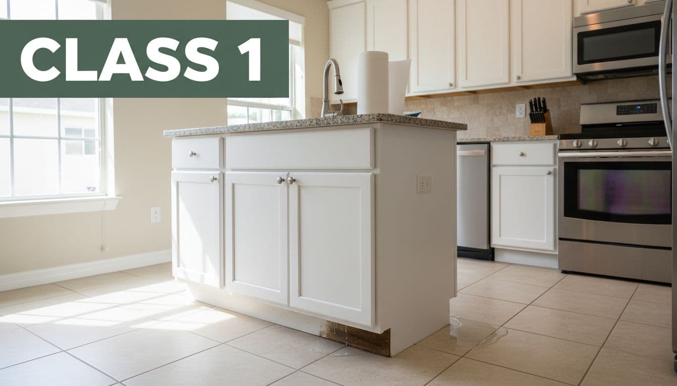 Realistic photo of a Cape Coral, Florida kitchen with minor plumbing leak causing slight water pooling on floor and affecting cabinets, bright daylight, calm scene with 'Class 1' headline band at top.