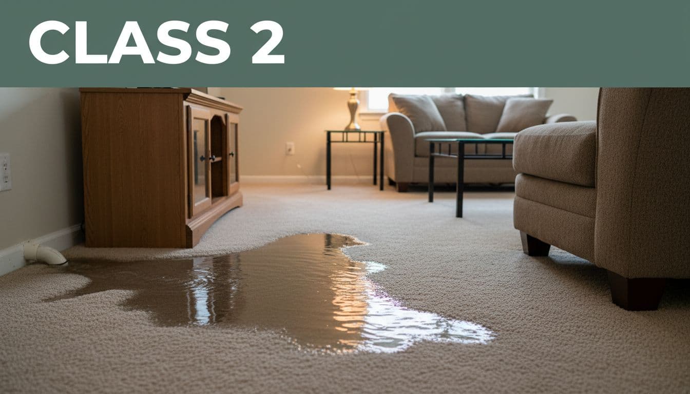 Home interior with class 2 water damage, water spreading across carpet in living room from burst pipe, affecting multiple surfaces, realistic photo under soft indoor lighting, focused on affected area, no people present.