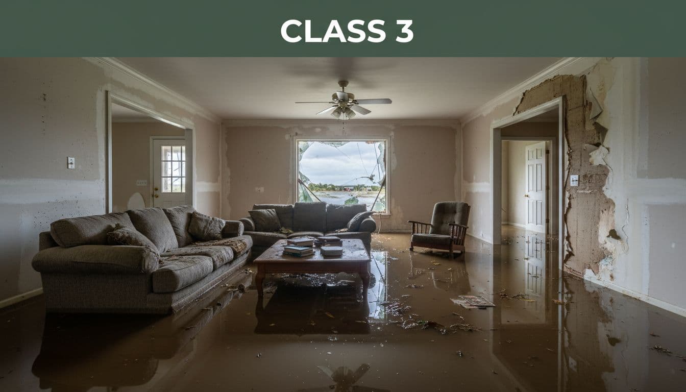 Flooded home interior with class 3 heavy water saturation, standing water covering entire floors in multiple rooms, furniture partially submerged in storm aftermath style.