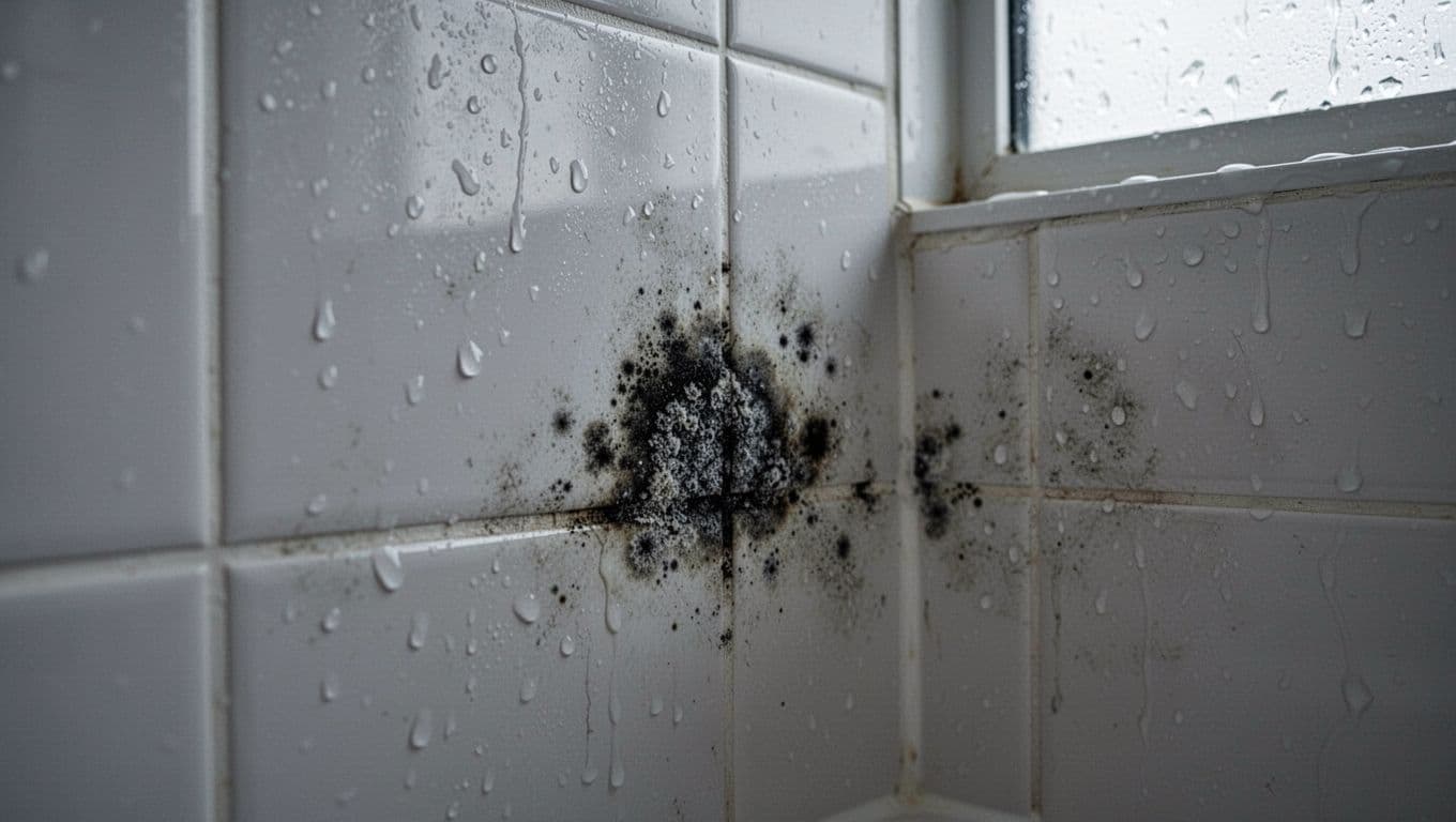 A detailed close-up of a patch of black mold growing on white bathroom tile grout in a humid setting, with water droplets on nearby tiles and dim natural lighting.