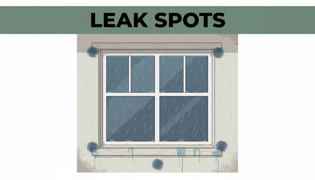 Infographic diagram highlighting typical window leak spots like frame edges, sill corners, and flashing on a Fort Myers coastal home exterior during rain.